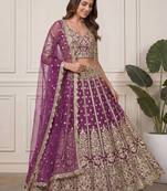 DESIGNER LAVENDER NET FABRIC WEDDING BRIDAL LEHENGA CHOLI SEMI STITCHED