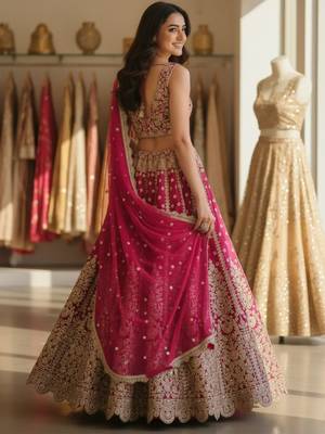 DESIGNER RANI PINK NET FABRIC WEDDING BRIDAL LEHENGA CHOLI SEMI STITCHED 2