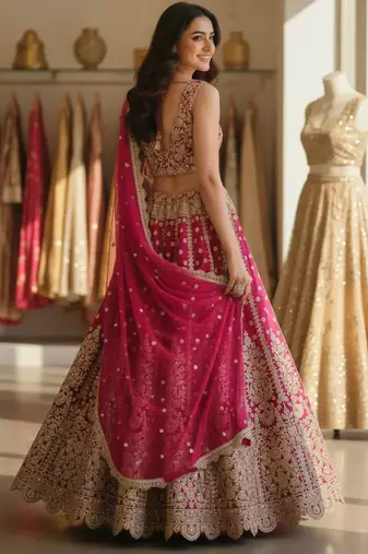 DESIGNER RANI PINK NET FABRIC WEDDING BRIDAL LEHENGA CHOLI SEMI STITCHED