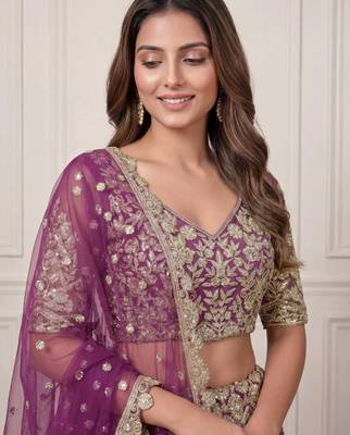 DESIGNER LAVENDER NET FABRIC WEDDING BRIDAL LEHENGA CHOLI SEMI STITCHED 2