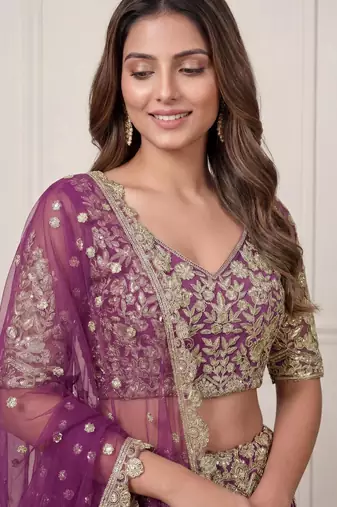 DESIGNER LAVENDER NET FABRIC WEDDING BRIDAL LEHENGA CHOLI SEMI STITCHED