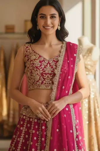 DESIGNER RANI PINK NET FABRIC WEDDING BRIDAL LEHENGA CHOLI SEMI STITCHED