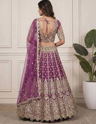 DESIGNER LAVENDER NET FABRIC WEDDING BRIDAL LEHENGA CHOLI SEMI STITCHED 3
