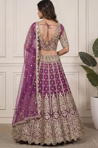 DESIGNER LAVENDER NET FABRIC WEDDING BRIDAL LEHENGA CHOLI SEMI STITCHED
