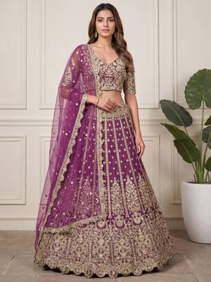 DESIGNER LAVENDER NET FABRIC WEDDING BRIDAL LEHENGA CHOLI SEMI STITCHED 4