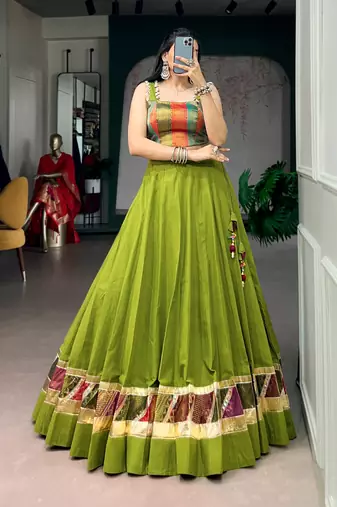 Navratri Special Cotton Zari Weaving Lehenga Choli with Lace Blouse - Full stitched free size 