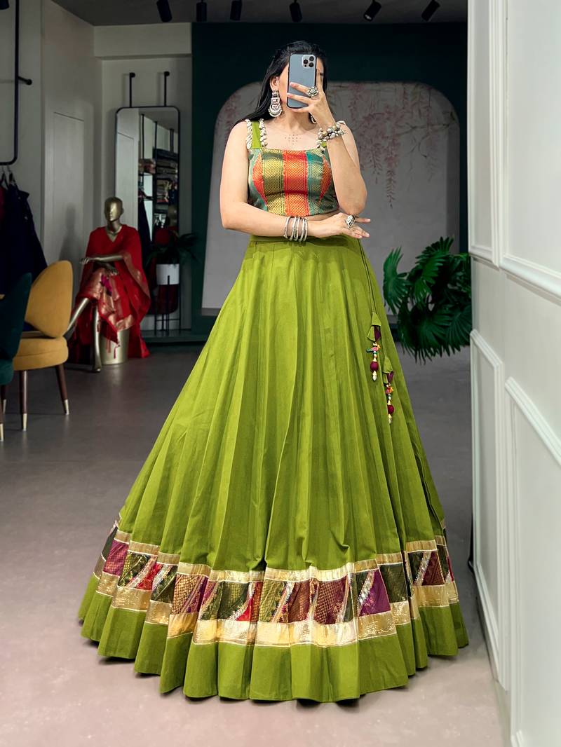 Navratri Special Cotton Zari Weaving Lehenga Choli with Lace Blouse - Full stitched free size 