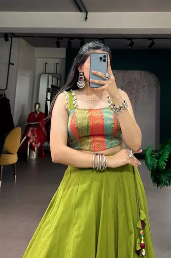 Navratri Special Cotton Zari Weaving Lehenga Choli with Lace Blouse - Full stitched free size 