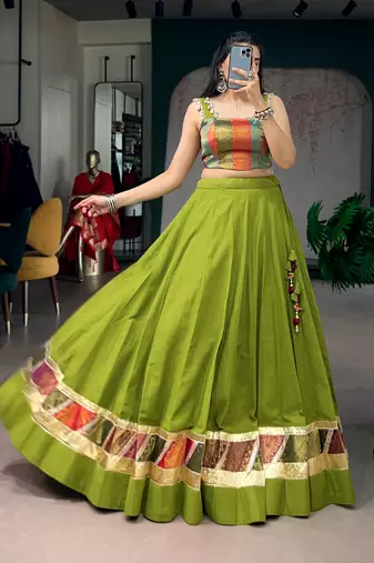 Navratri Special Cotton Zari Weaving Lehenga Choli with Lace Blouse - Full stitched free size 