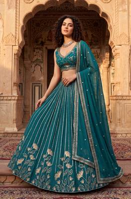 Captivating Teal Green Zari and Sequins Embroidered Star Georgette Indian Designer Wedding mahendi Lehenga choli 1