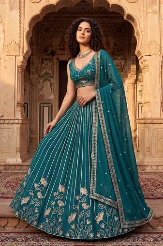 Captivating Teal Green Zari and Sequins Embroidered Star Georgette Indian Designer Wedding mahendi Lehenga choli