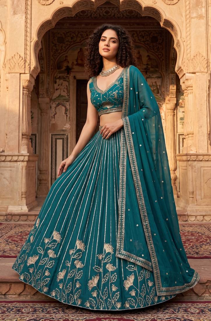 Captivating Teal Green Zari and Sequins Embroidered Star Georgette Indian Designer Wedding mahendi Lehenga choli