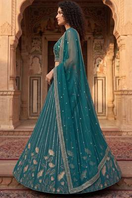 Captivating Teal Green Zari and Sequins Embroidered Star Georgette Indian Designer Wedding mahendi Lehenga choli 2