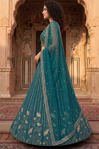 Captivating Teal Green Zari and Sequins Embroidered Star Georgette Indian Designer Wedding mahendi Lehenga choli