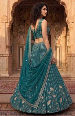 Captivating Teal Green Zari and Sequins Embroidered Star Georgette Indian Designer Wedding mahendi Lehenga choli 3
