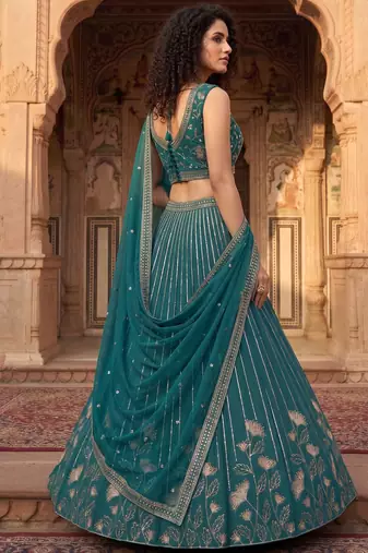 Captivating Teal Green Zari and Sequins Embroidered Star Georgette Indian Designer Wedding mahendi Lehenga choli