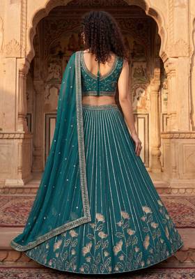 Captivating Teal Green Zari and Sequins Embroidered Star Georgette Indian Designer Wedding mahendi Lehenga choli 4