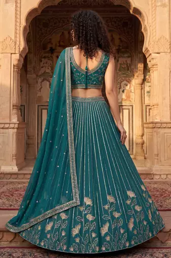Captivating Teal Green Zari and Sequins Embroidered Star Georgette Indian Designer Wedding mahendi Lehenga choli