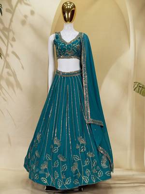 Captivating Teal Green Zari and Sequins Embroidered Star Georgette Indian Designer Wedding mahendi Lehenga choli 5