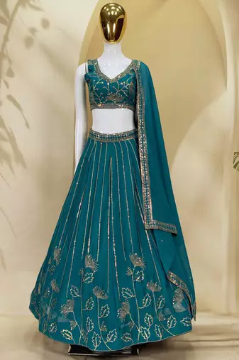 Captivating Teal Green Zari and Sequins Embroidered Star Georgette Indian Designer Wedding mahendi Lehenga choli