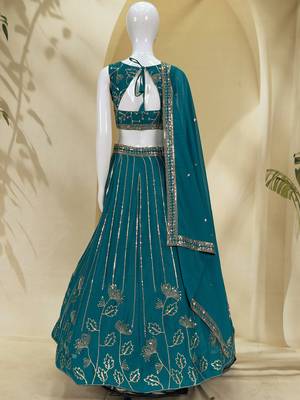 Captivating Teal Green Zari and Sequins Embroidered Star Georgette Indian Designer Wedding mahendi Lehenga choli 6