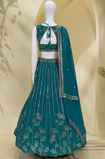 Captivating Teal Green Zari and Sequins Embroidered Star Georgette Indian Designer Wedding mahendi Lehenga choli