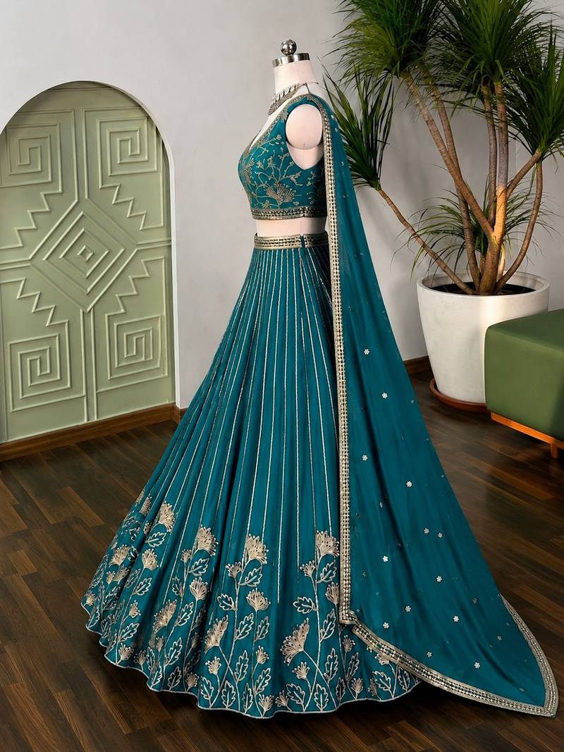 Captivating Teal Green Zari and Sequins Embroidered Star Georgette Indian Designer Wedding mahendi Lehenga choli