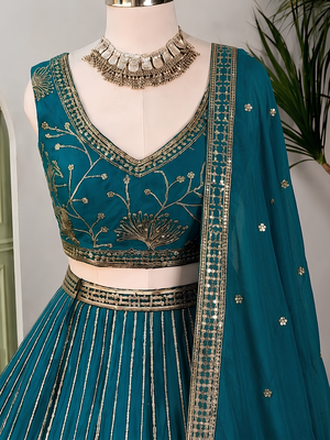 Captivating Teal Green Zari and Sequins Embroidered Star Georgette Indian Designer Wedding mahendi Lehenga choli 8