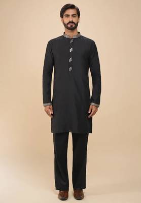 stylish black cotton silk kurta set with pants for men 1
