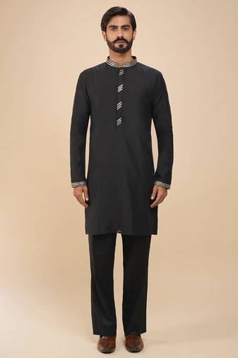 stylish black cotton silk kurta set with pants for men
