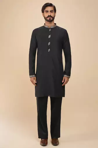 stylish black cotton silk kurta set with pants for men