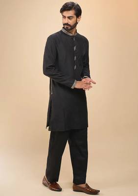 stylish black cotton silk kurta set with pants for men 2