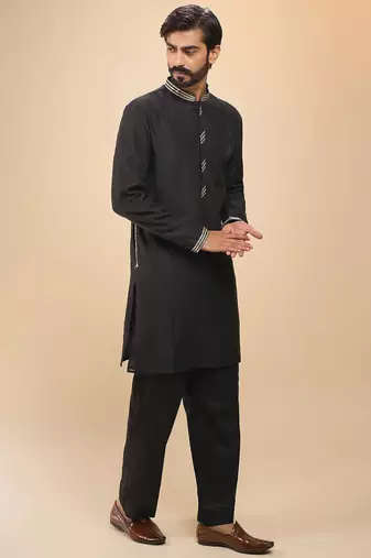 stylish black cotton silk kurta set with pants for men