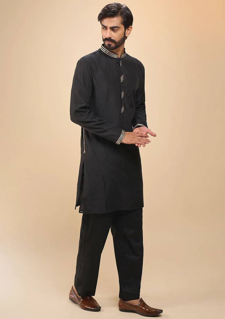 stylish black cotton silk kurta set with pants for men