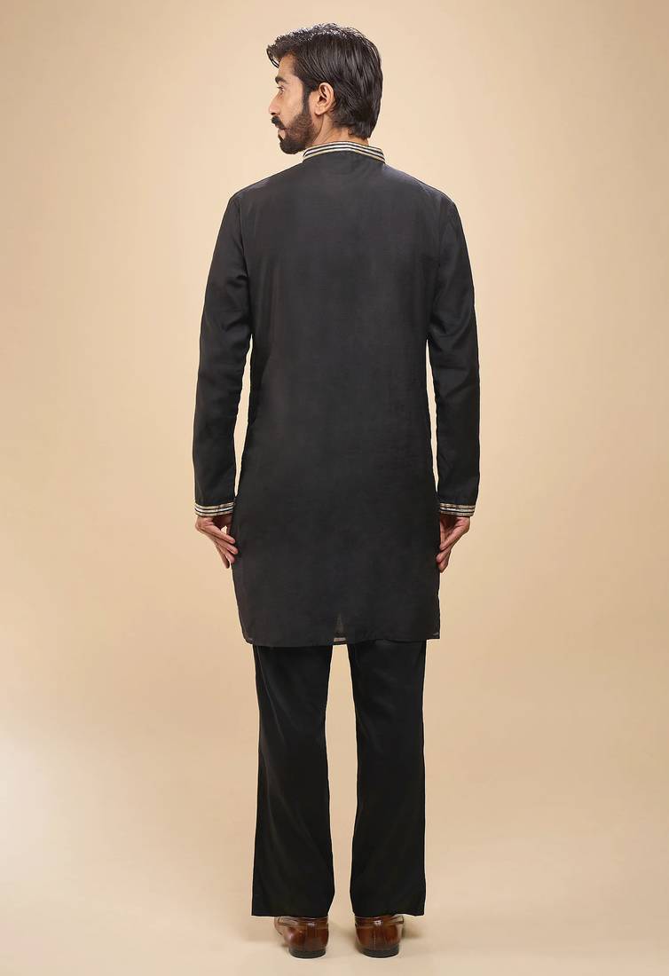 stylish black cotton silk kurta set with pants for men