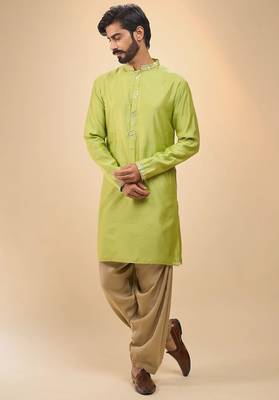 stylish green cotton silk kurta set with drape salwar for men 1