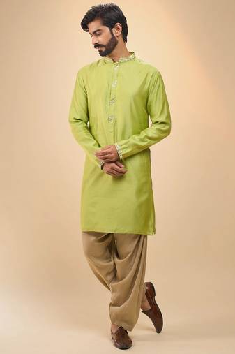 stylish green cotton silk kurta set with drape salwar for men
