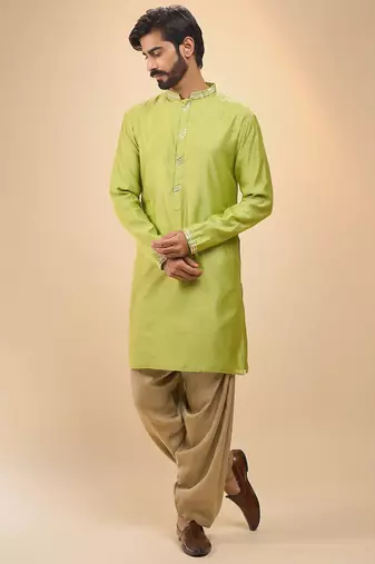 stylish green cotton silk kurta set with drape salwar for men