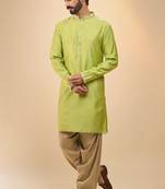 stylish green cotton silk kurta set with drape salwar for men