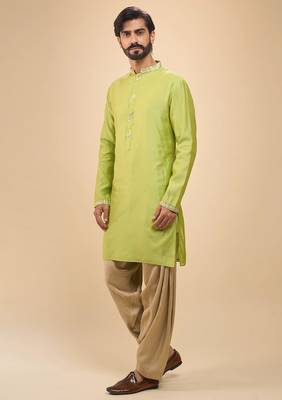 stylish green cotton silk kurta set with drape salwar for men 2