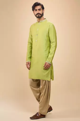stylish green cotton silk kurta set with drape salwar for men