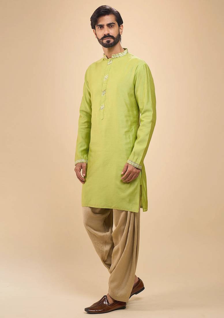 stylish green cotton silk kurta set with drape salwar for men
