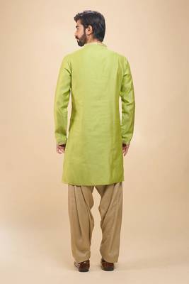 stylish green cotton silk kurta set with drape salwar for men 3