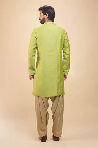 stylish green cotton silk kurta set with drape salwar for men