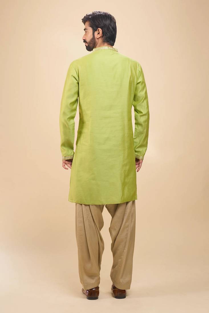 stylish green cotton silk kurta set with drape salwar for men