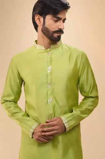 stylish green cotton silk kurta set with drape salwar for men