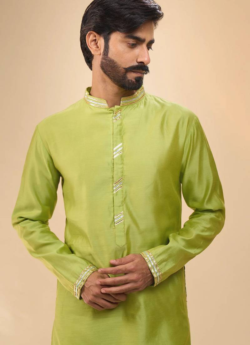 stylish green cotton silk kurta set with drape salwar for men