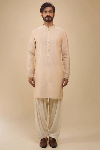 stylish beige cotton silk kurta set with drape salwar for men