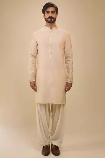 stylish beige cotton silk kurta set with drape salwar for men