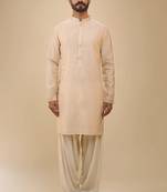 stylish beige cotton silk kurta set with drape salwar for men